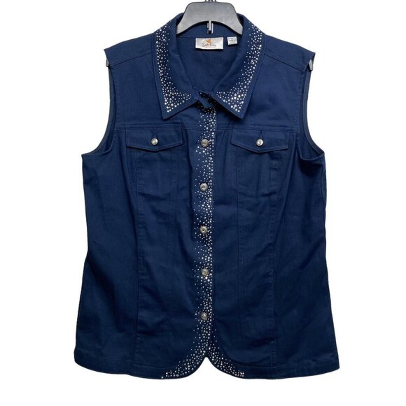 Quacker Factory Size S Vest Womens Navy Studded Rhinestone Button Up Top - Picture 1 of 5